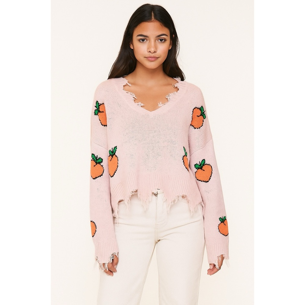 Just Polly | Novelty Peach Pattern Factory Shredded Shark Bite VSCO Knit Sweater